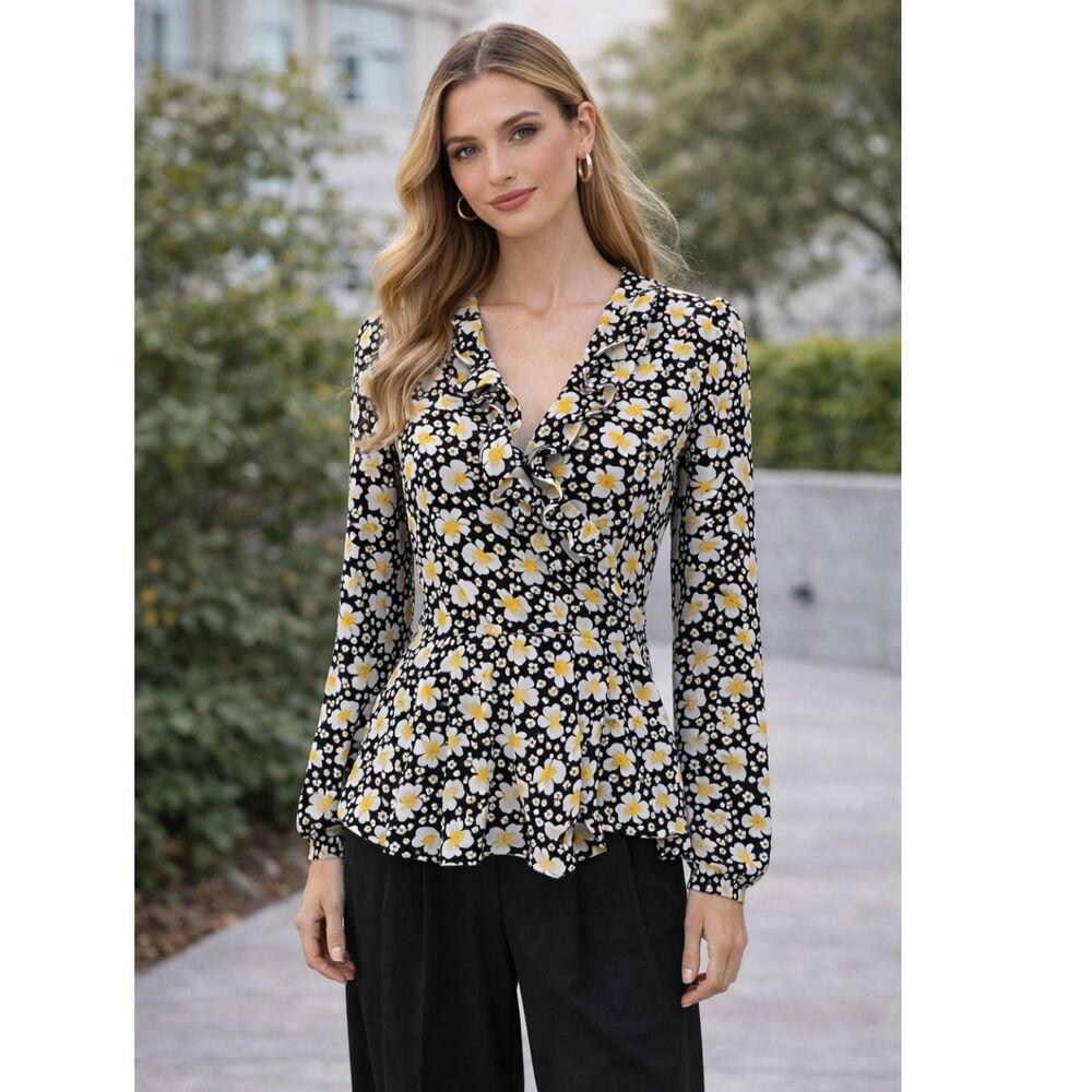 Karen Millen Ruffle Neck Long Puff Sleeves Floral Wrap Blouse 2 NWT